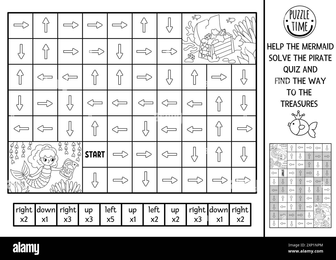 Sirène logique labyrinthe noir et blanc pour les enfants avec carte pirate et coffre au trésor. Activité imprimable du Royaume océanique. Jeu de labyrinthe, puzzle ou coloriage p Illustration de Vecteur