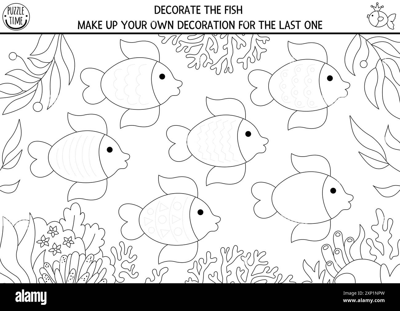 Sirène noir et blanc dessin, écriture, traçage activité imprimable pour les enfants avec des animaux marins, fond sous-marin. Décorez le poisson. Ocean kingdo Illustration de Vecteur