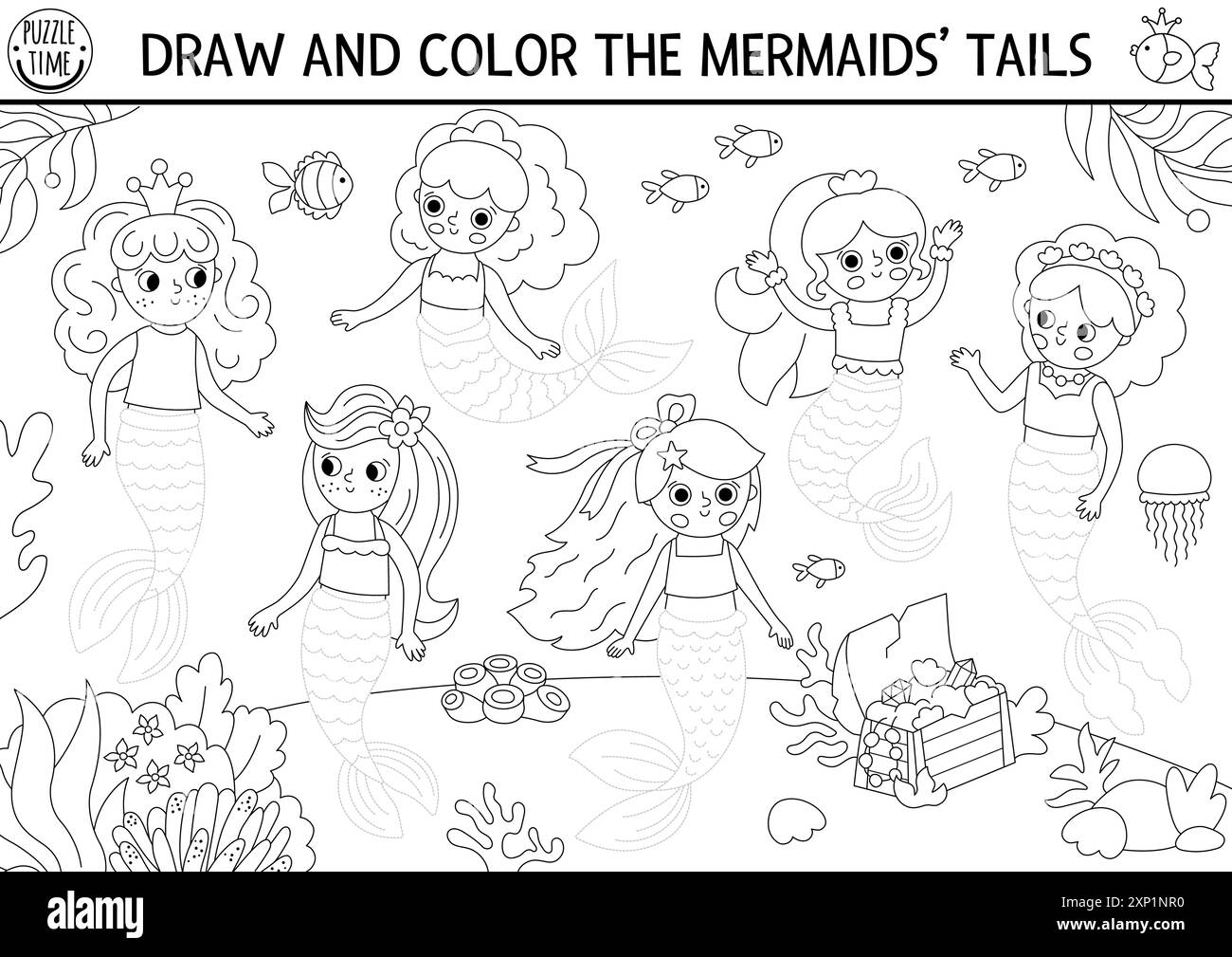 Sirène noir et blanc dessin, écriture, traçage et coloriage activité pour les enfants avec princesse de mer et queue. Ocean Kingdom préscolaire colori imprimable Illustration de Vecteur