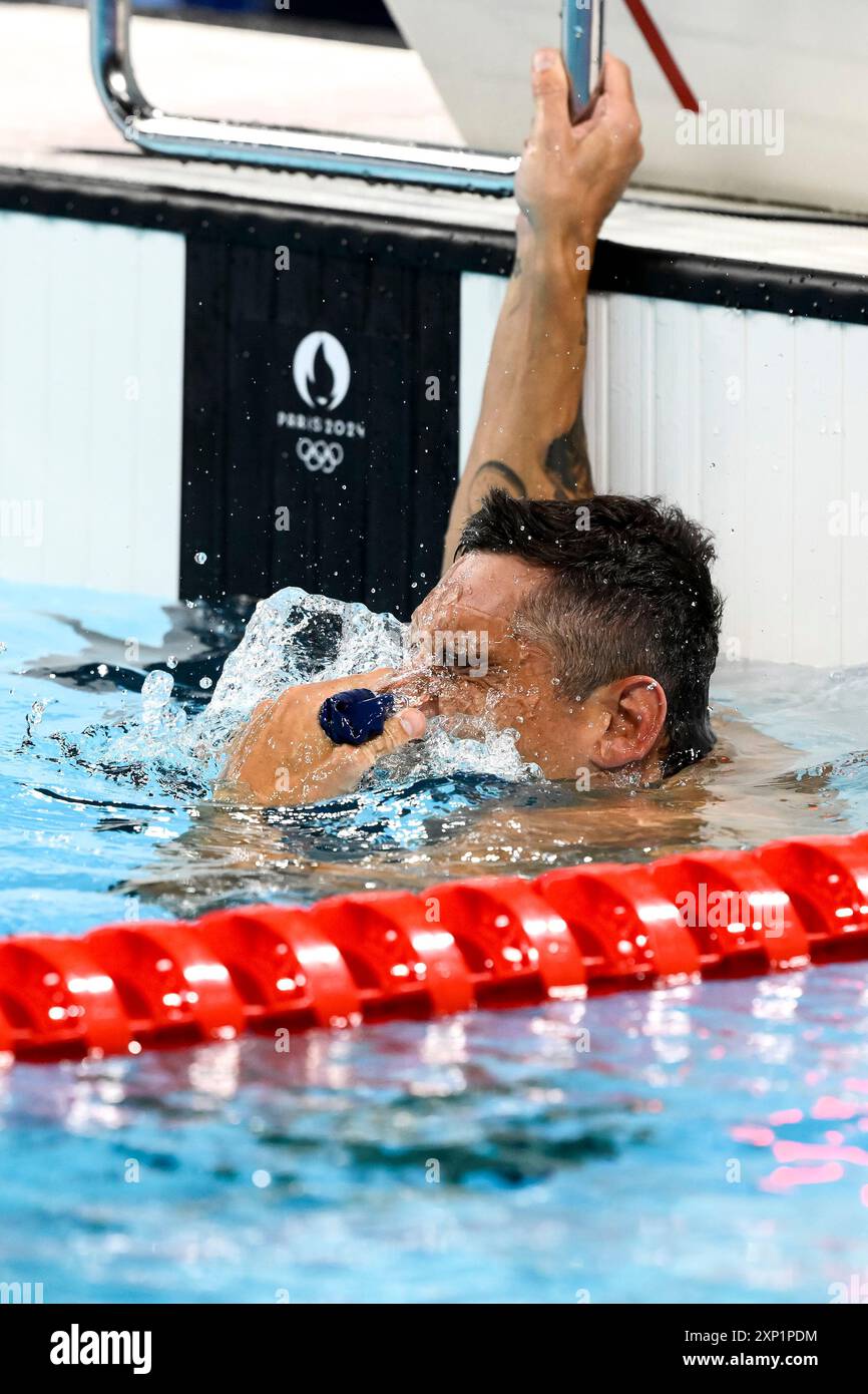 Leonardo Deplano, Italien, réagit après avoir participé à la finale masculine de natation 50 m