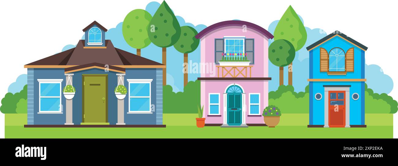 Rue des maisons de village. Architecture rurale de ville verte Illustration de Vecteur