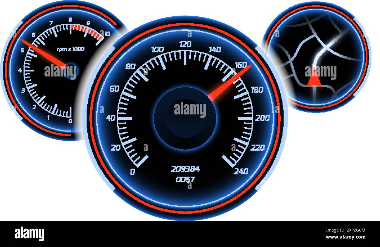 Jauges de tableau de bord de voiture. Compteur de vitesse rond sur le panneau de commande Illustration de Vecteur