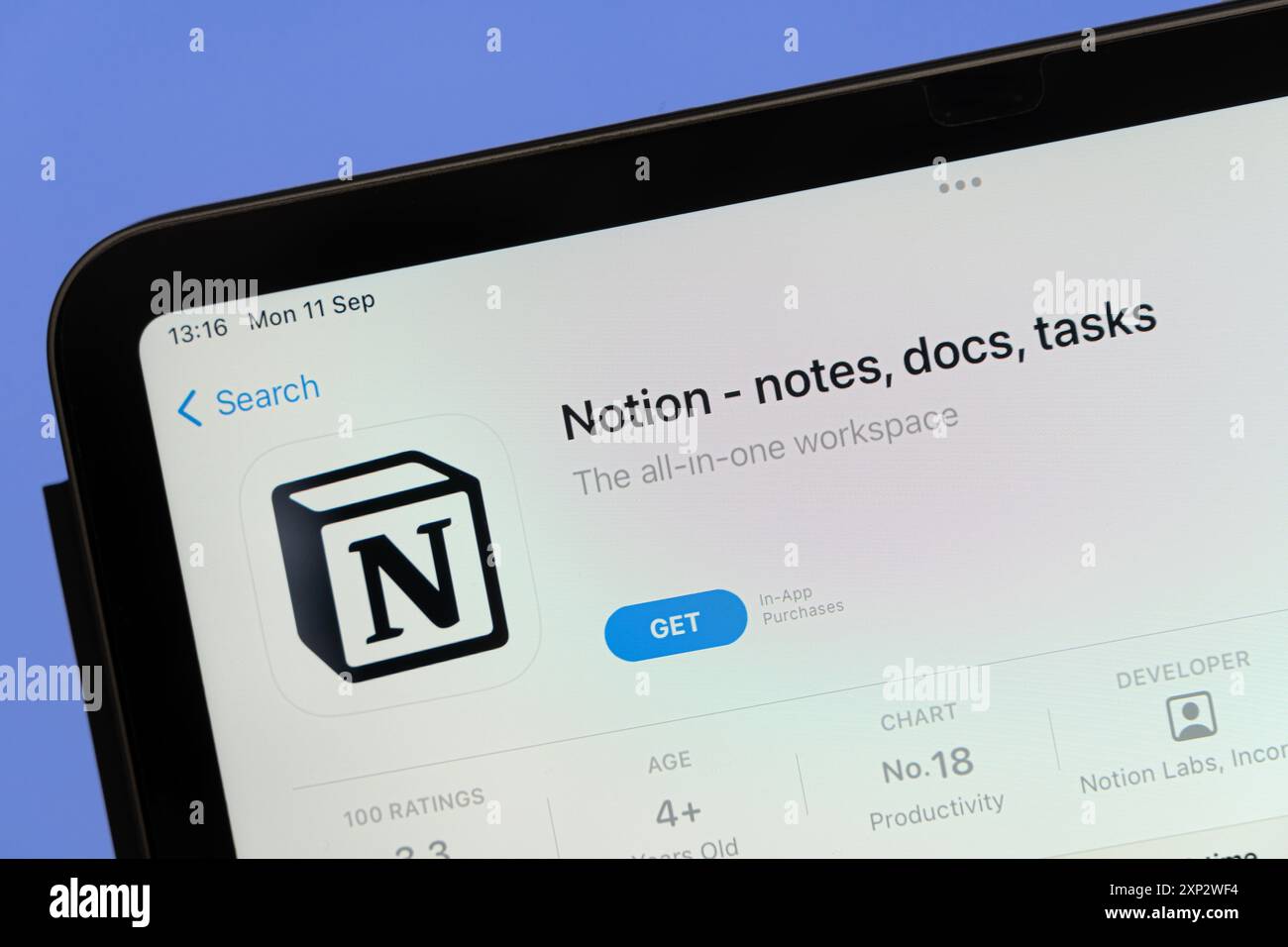 Ostersund, Suède - 11 septembre 2023 : application notion sur ipad. Notion est une application web freemium de productivité et de prise de notes. Banque D'Images