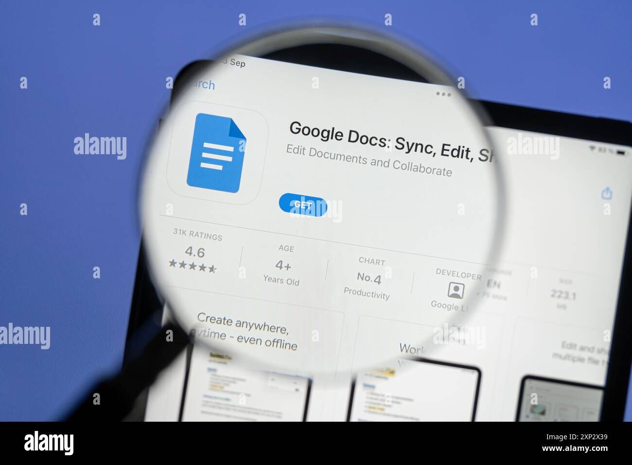 Ostersund, Suède - 13 septembre 2023 : application Google Docs sur ipad. Google Docs permet aux utilisateurs de créer et de modifier des documents en ligne. Banque D'Images