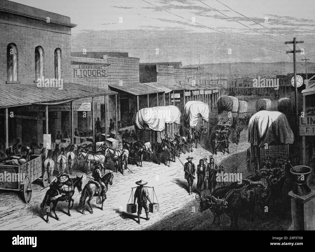 États-Unis. Un train de wagons à Helena, territoire du Montana. 1878. Harper's Weekly W.M. Cary. Banque D'Images
