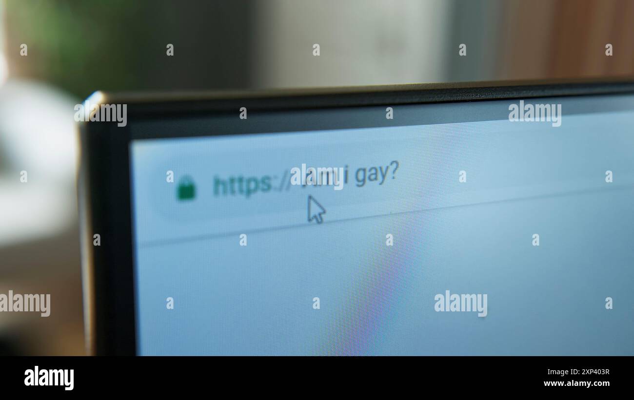 Gros plan d'un écran d'ordinateur affichant un navigateur Web avec la requête de recherche « suis-je gay ? » dans la barre d'adresse. L'utilisation des ressources en ligne pour p Banque D'Images