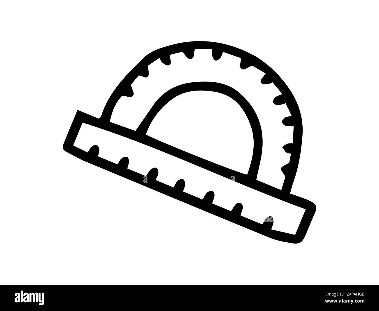 Illustration simple de contour de rapporteur en noir et blanc avec un design minimaliste. Concept de géométrie, éducation, mathématiques et fournitures scolaires. Imprimé, icône, élément de design. Retour à l'école. Illustration de Vecteur