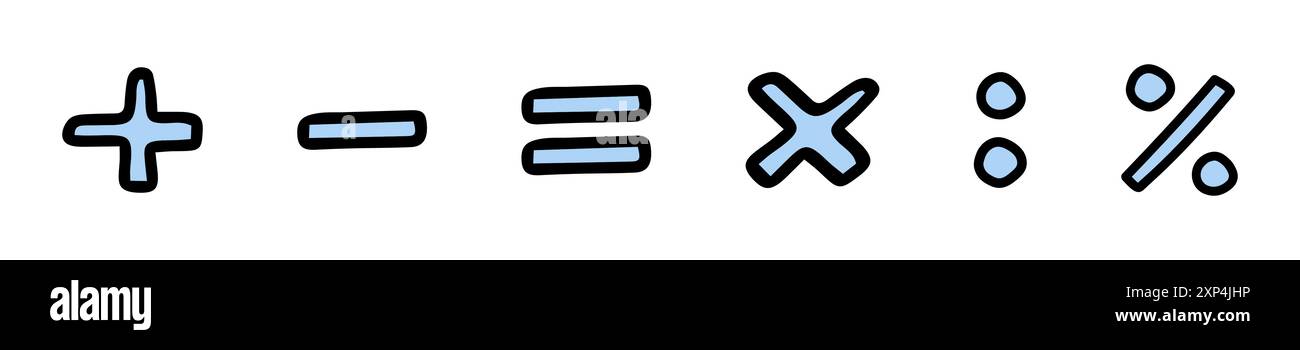 Symboles mathématiques dessinés à la main, y compris plus, moins, égal, multiplication, division et pourcentage. Concept des opérations mathématiques, icônes éducatives, apprentissage des mathématiques, matières scolaires. Eléments de conception. Illustration de Vecteur