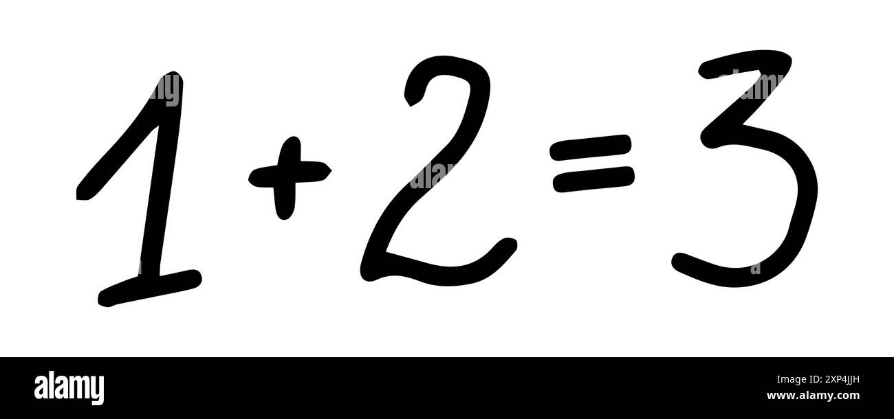 L'équation mathématique noire manuscrite 1 plus 2 équivaut à 3 isolée sur fond blanc. Concept de symboles mathématiques, enseignement, éducation, aides à l'apprentissage, style minimaliste. Impression, élément de design. Illustration de Vecteur