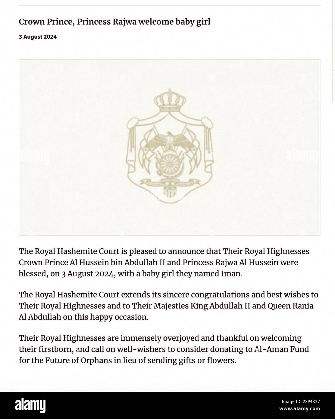 Amman, Jordanie. 03 août 2024. Annonce royale officielle de la Cour hachémite annonçant la naissance de la princesse Iman (Bint Al Hussein), née du prince héritier Hussein (ou Al Hussein), et de la princesse Rajwa, à l'hôpital King Hussein Medical Centre, à Amman, Jordanie, le 3 août 2024. Photo Balkis Press/ABACAPRESS. COM Credit : Abaca Press/Alamy Live News Banque D'Images