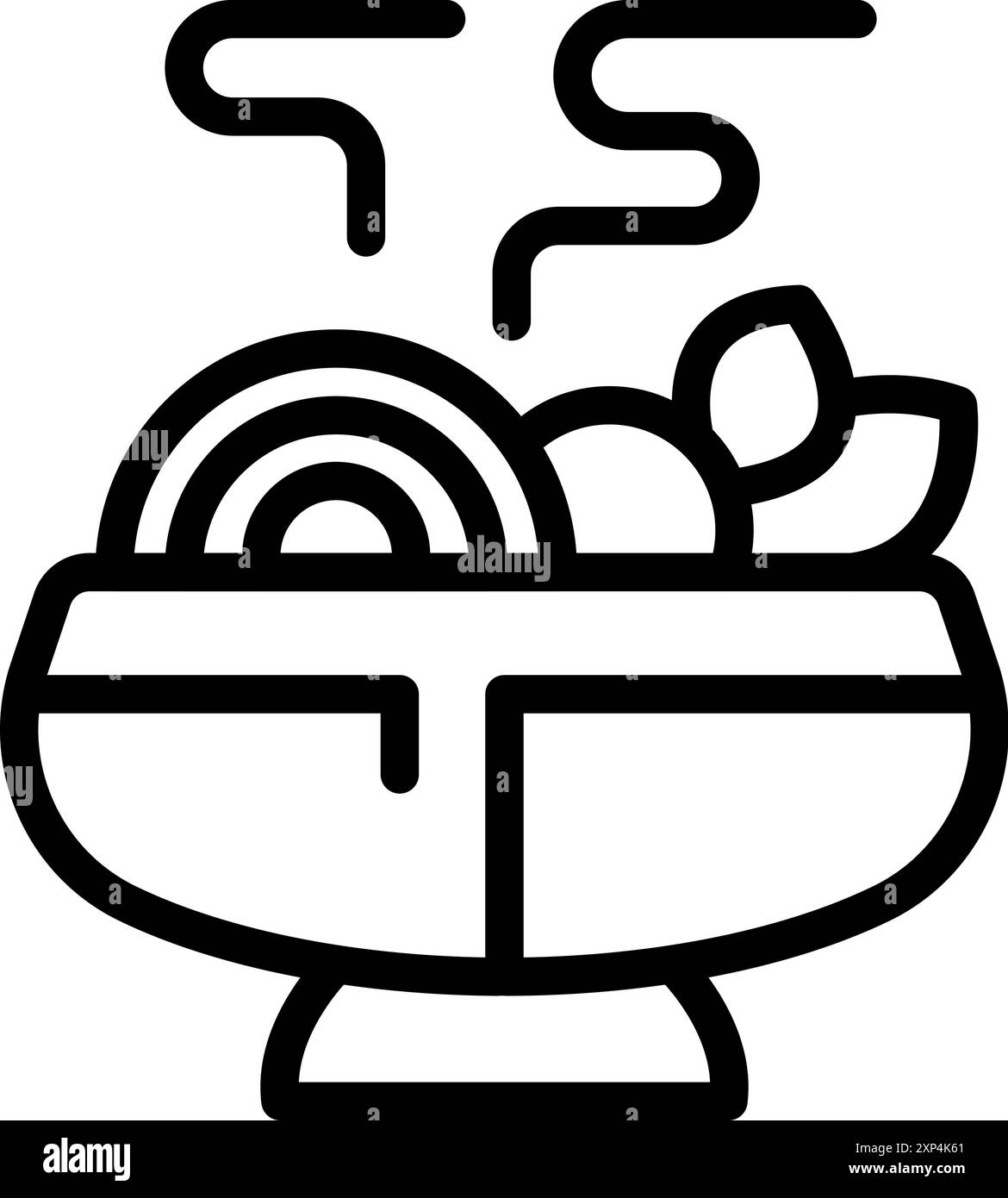 Icône d'art de ligne d'un bol de nouilles ramen avec des légumes, vapeur chaude et prête à manger Illustration de Vecteur