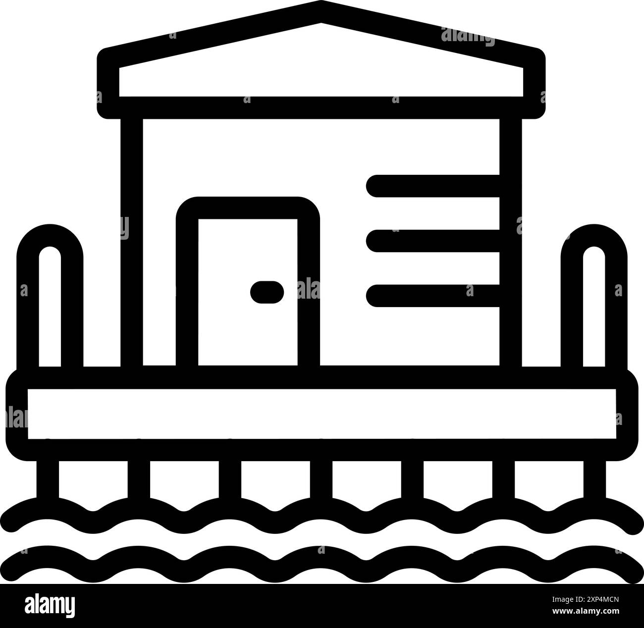 Icône de dessin au trait propre et minimaliste représentant une maison sur pilotis au-dessus de l'eau, idéal pour représenter la vie côtière, les propriétés au bord de l'eau ou les locations de vacances Illustration de Vecteur Icône de dessin au trait propre et minimaliste représentant une maison sur pilotis au-dessus de l'eau, idéal pour représenter la vie côtière, les propriétés au bord de l'eau ou les locations de vacances Illustration de Vecteur