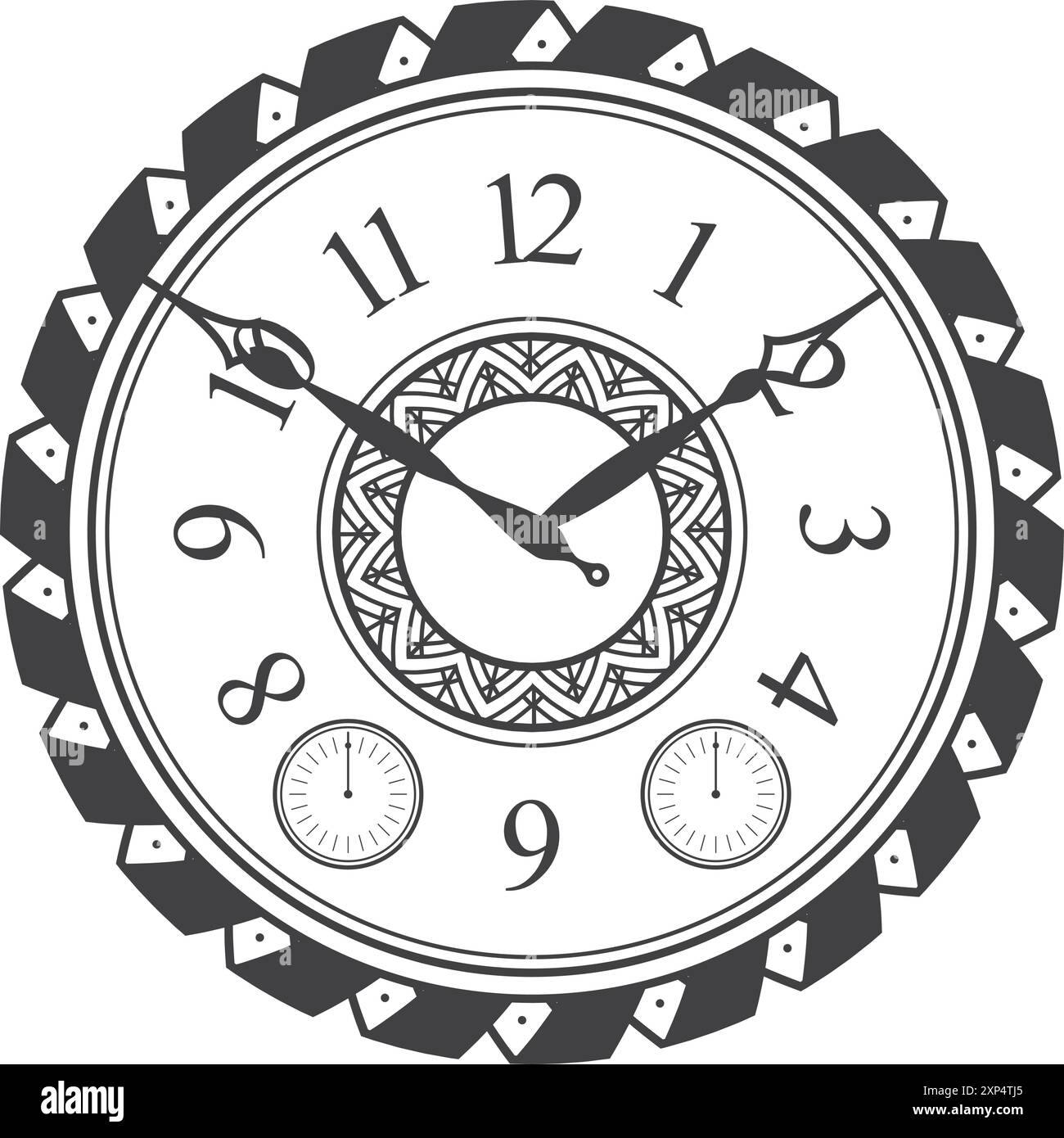 Horloge décorative dessin noir. Cadran de montre chronologique Illustration de Vecteur