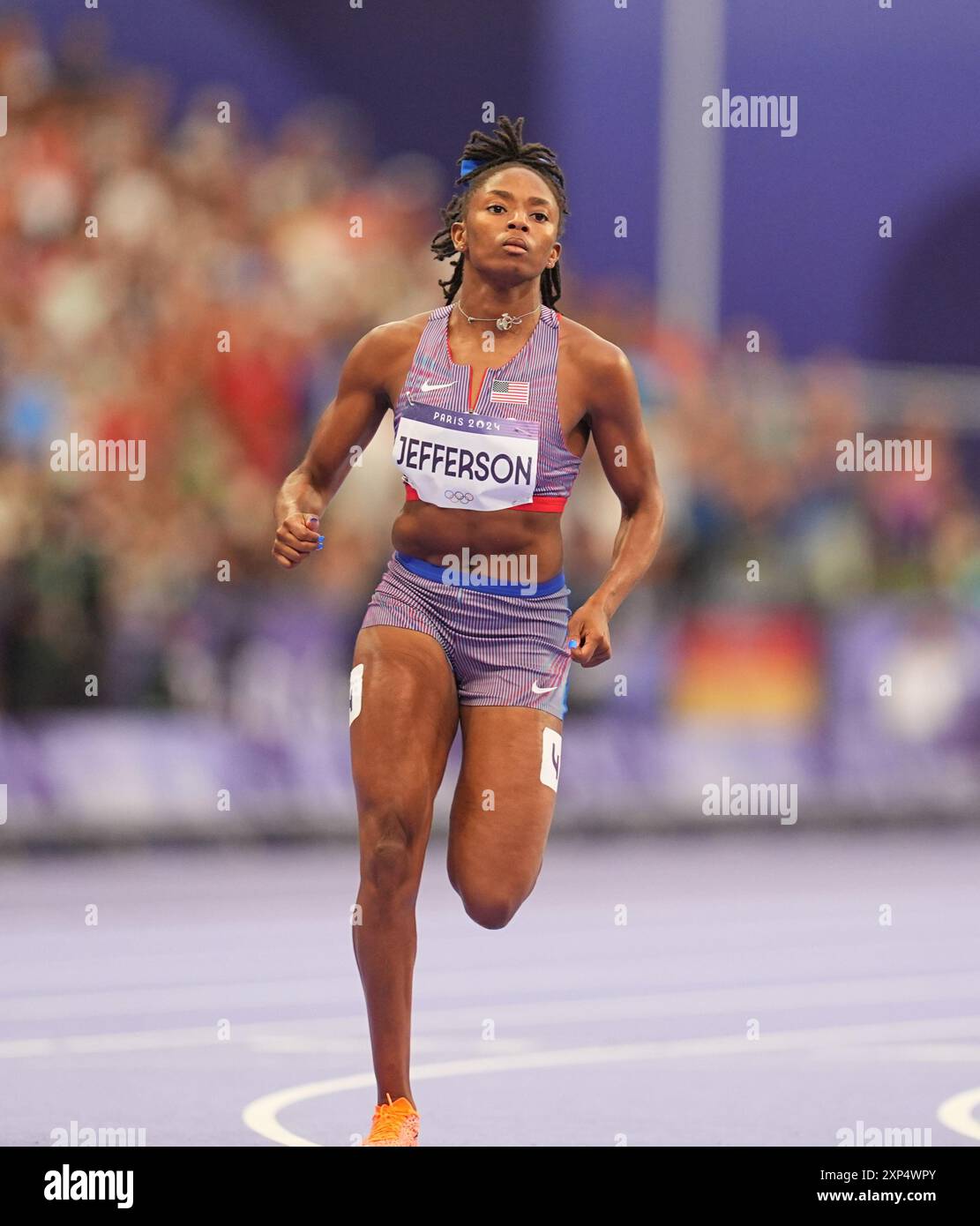 03 août 2024 : Melissa Jefferson (États-Unis) participe à la demi-finale du 100 m féminin le jour 8 des Jeux Olympiques au stade de France, Paris, France. Ulrik Pedersen/CSM. Banque D'Images