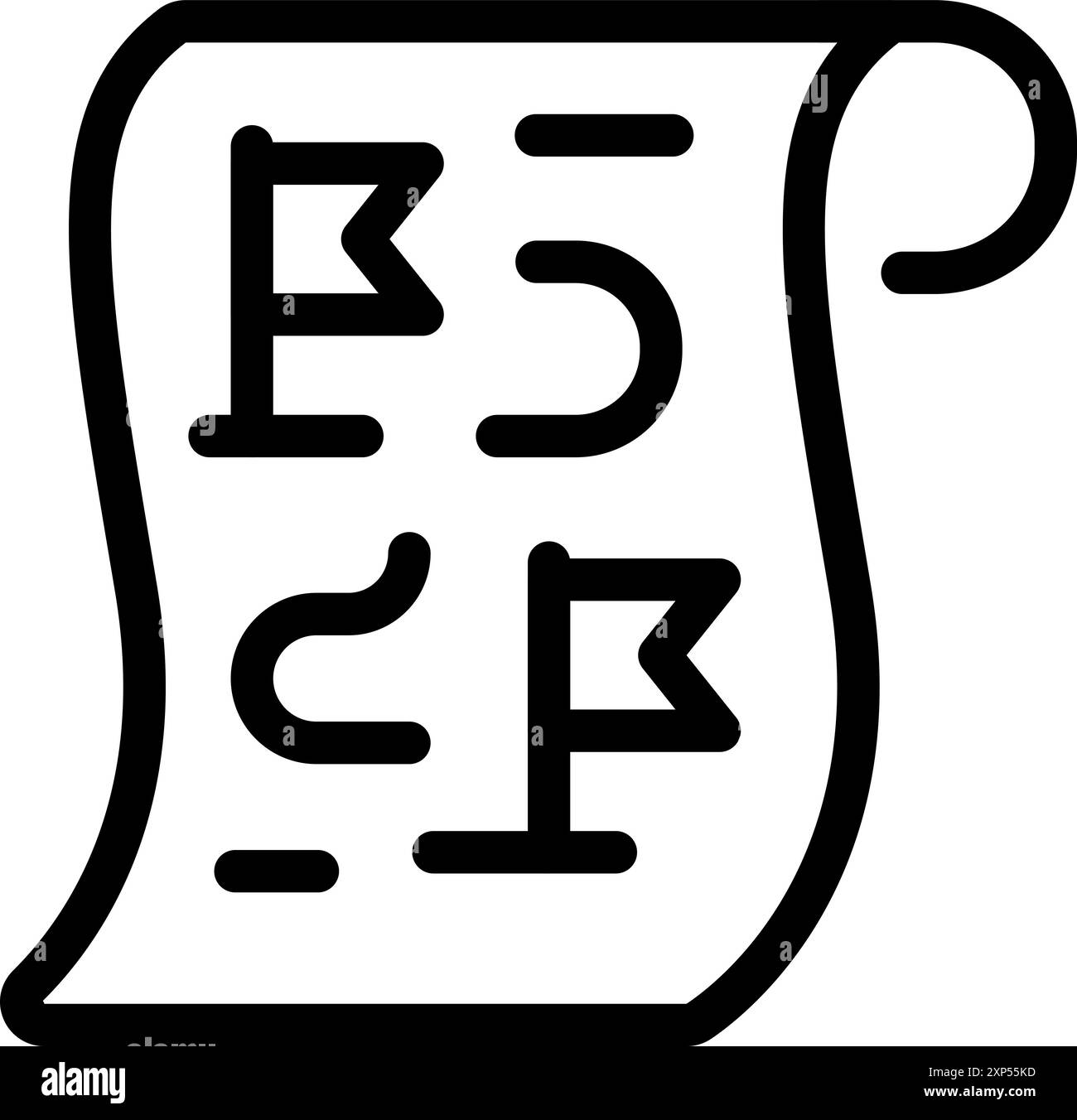 Icône de dessin au trait d'un défilement de quête montrant le chemin avec des drapeaux pour le jeu Illustration de Vecteur