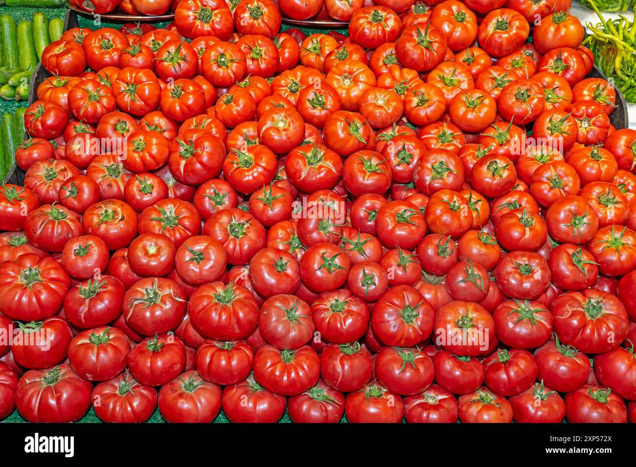 Tomates rouges et délicieuses alignées sur le comptoir dans la boutique du Greengrocer. Banque D'Images