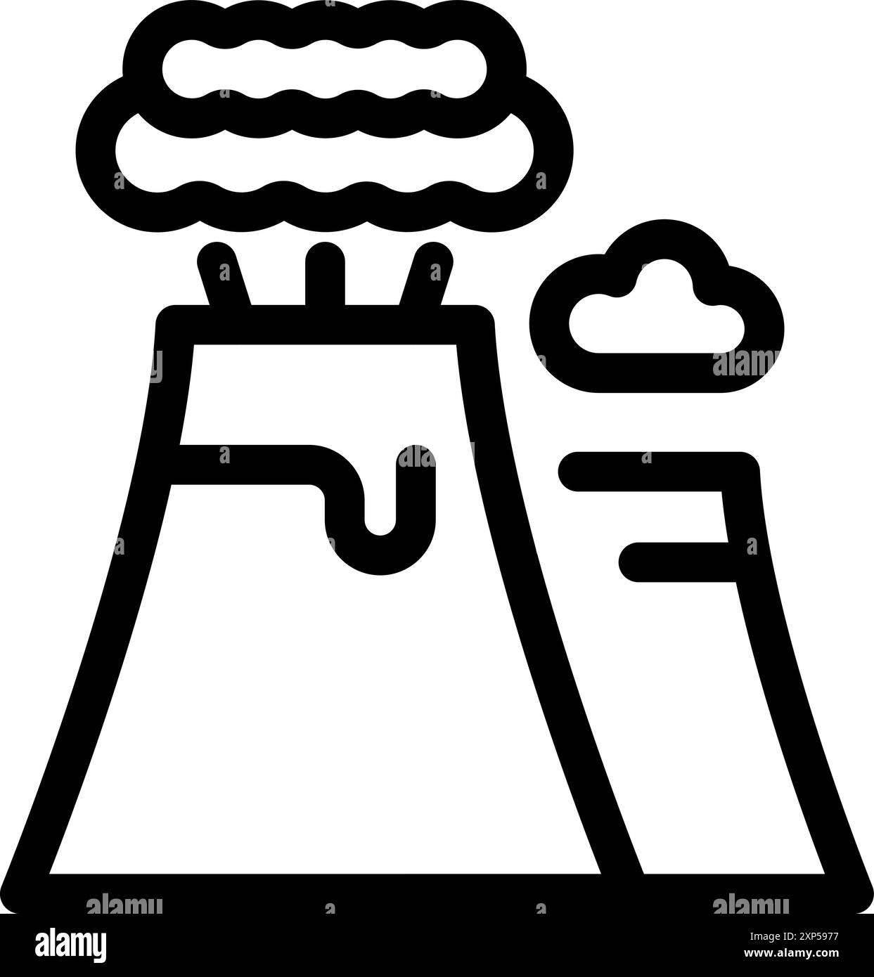 Icône d'art de ligne d'un volcan en éruption, avec de la fumée qui s'écoule et de la lave qui coule sur son côté Illustration de Vecteur