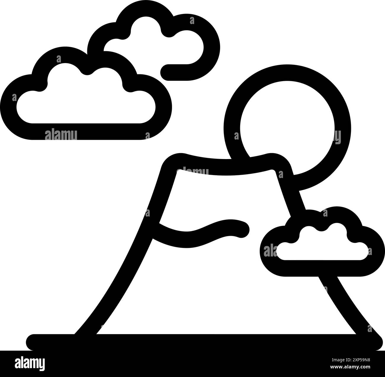 Simple dessin au trait d'un volcan en éruption avec des nuages et du soleil Illustration de Vecteur