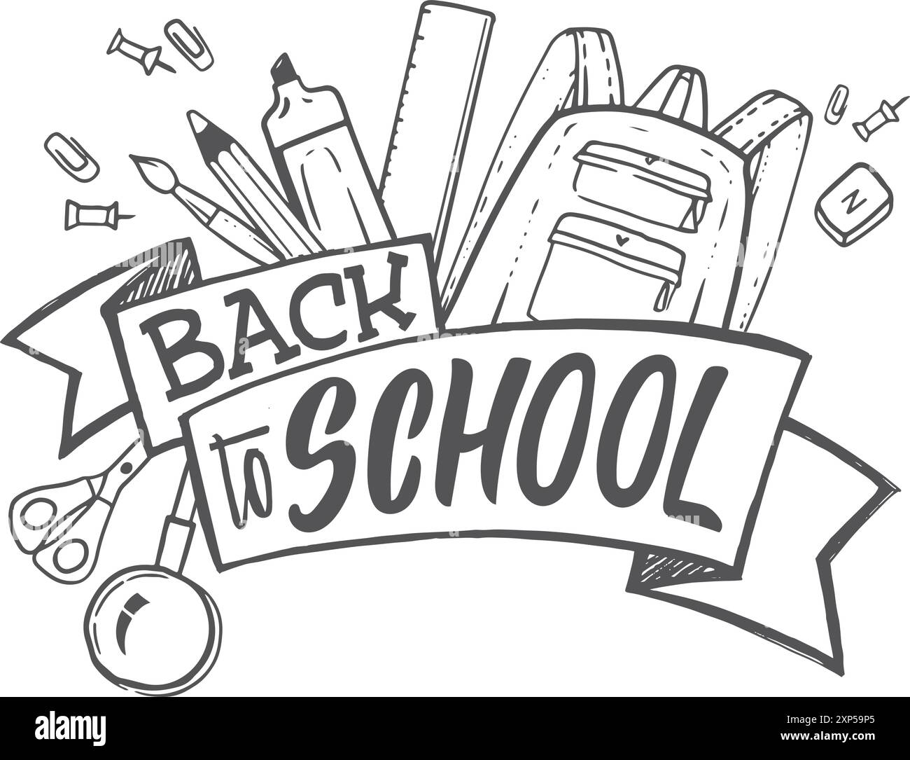 Logo Doodle de retour à l'école. Emblème de bannière d'enfant Illustration de Vecteur