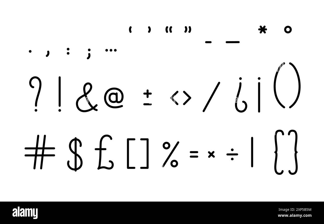 Signes de ponctuation, point, virgule, esperluette, question, exclamation, crochets symboles dessinés à la main simples, illustration vectorielle de typographie, mathématiques, orthographe, séparation de texte Illustration de Vecteur