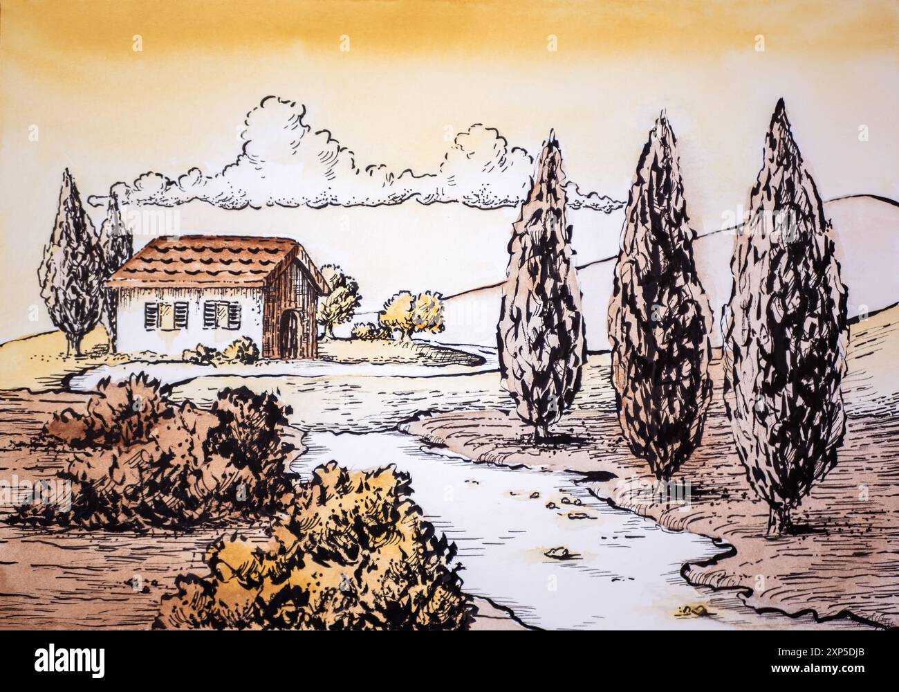 Dessin à l'encre et à l'aquarelle d'un paysage rural méditerranéen typique. Illustration traditionnelle sur papier. Banque D'Images
