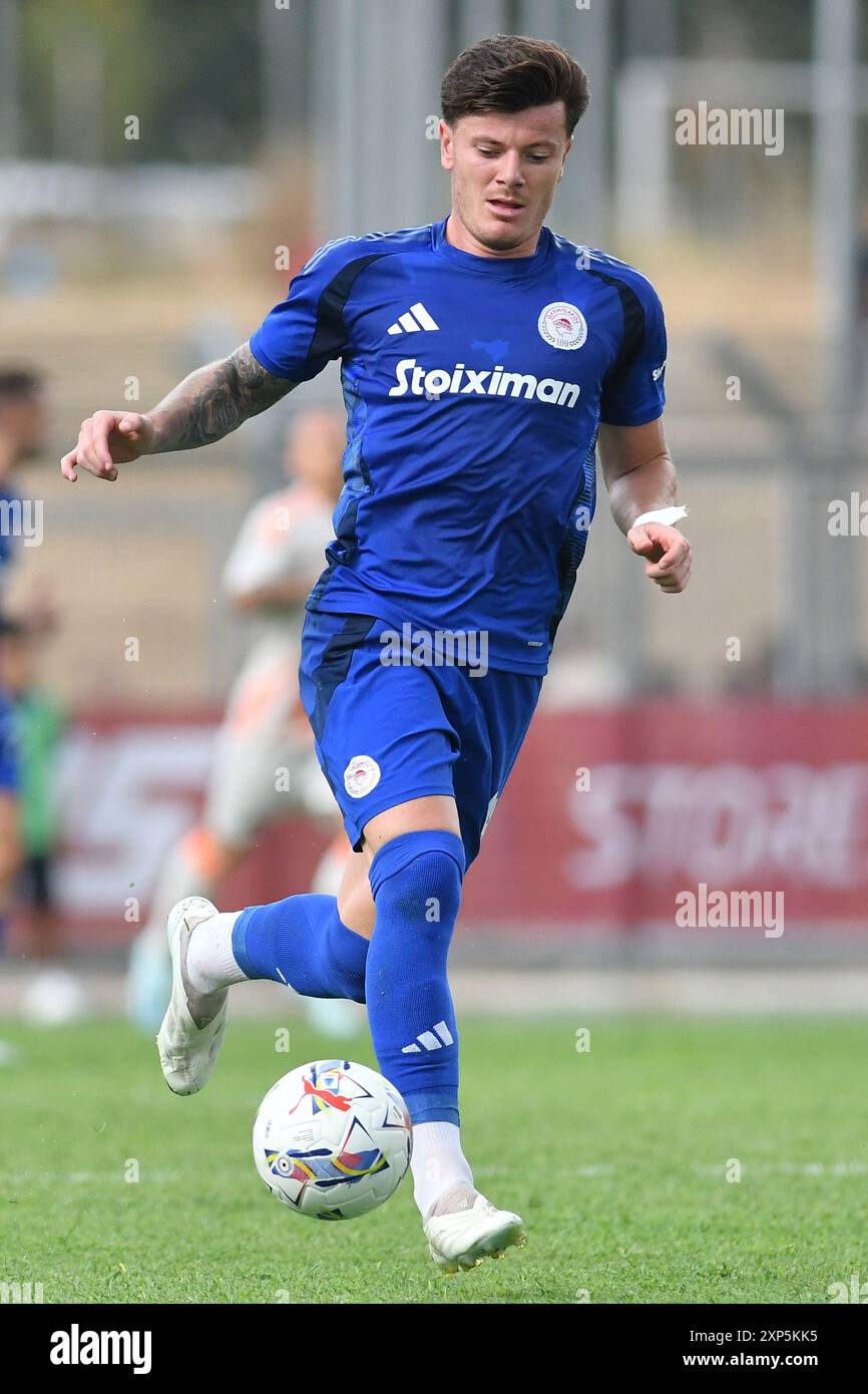 Rieti, Italie. 03 août 2024. Giulian Biancone de l'Olympiakos lors du match amical entre Roma et Olympiakos au stade Manlio Scopigno, Rieti, Italie, le 3 août 2024. (Crédit photo : massimo insabato/Alamy Live News Banque D'Images