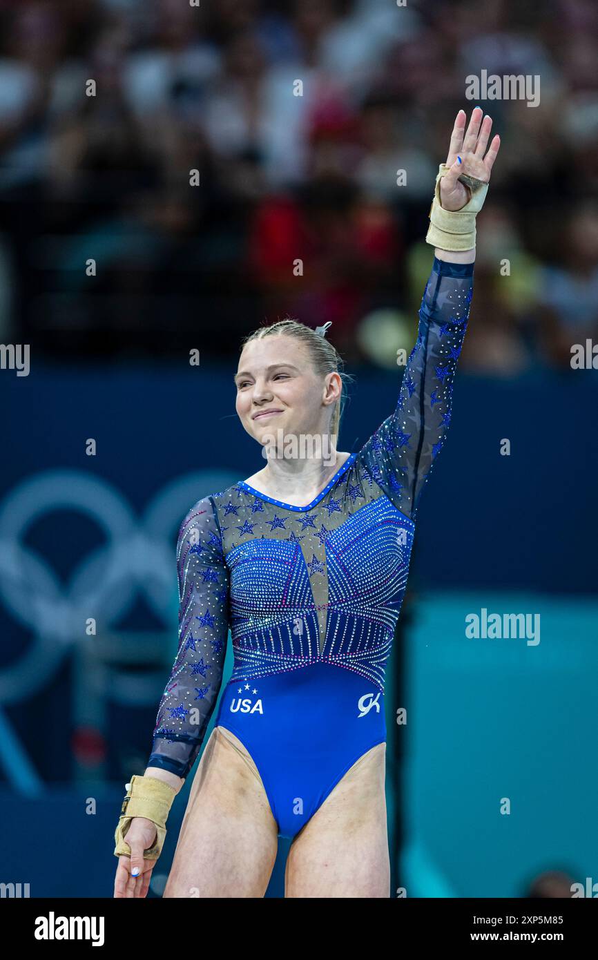 Paris, France. 03 août 2024. Jeux Olympiques, finale de gymnastique artistique féminine au stade Bercy Arena. Jade Carey. Crédit : ABEL F. ROS/Alamy Live News Banque D'Images