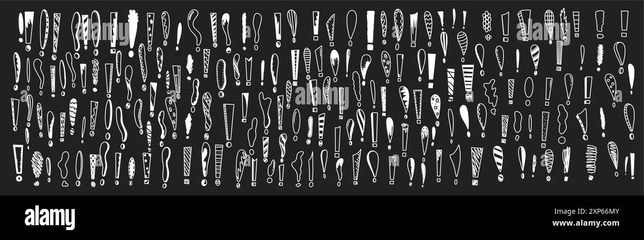 Les points d'exclamation doodles icônes vectorielles de ligne blanche regroupent dans un espace négatif. Attention attraction dessinée à la main illustration set noir et blanc Illustration de Vecteur