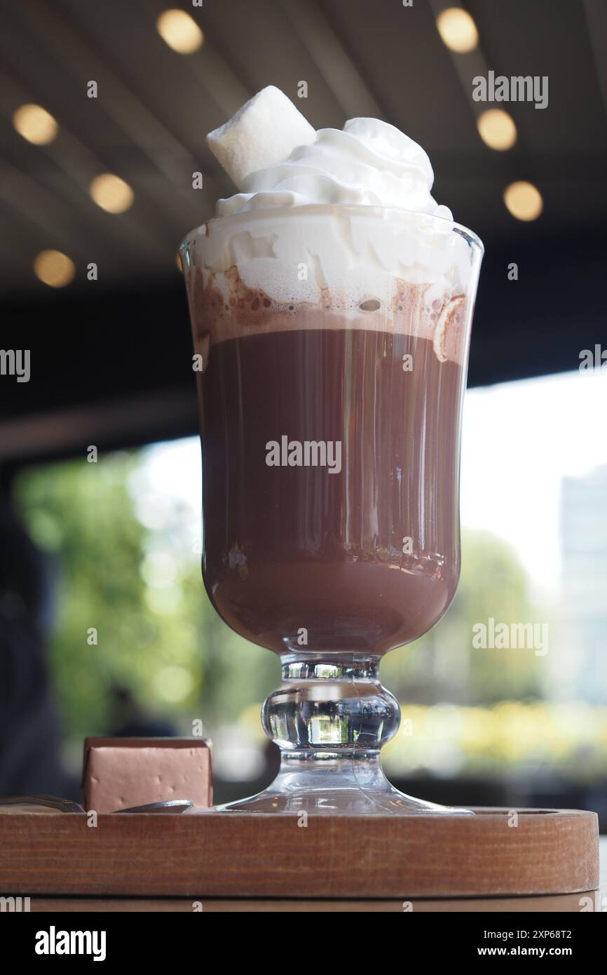 Dégustez une tasse de chocolat chaud avec une crème fouettée moelleuse et de délicieuses guimauves Banque D'Images
