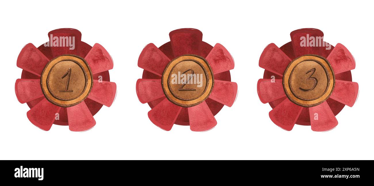 Une médaille plaquée or avec une bordure de ruban rouge pour le gagnant d'un concours ou d'une exposition. Symbole de bonne chance et de réussite, prix, récompense Banque D'Images