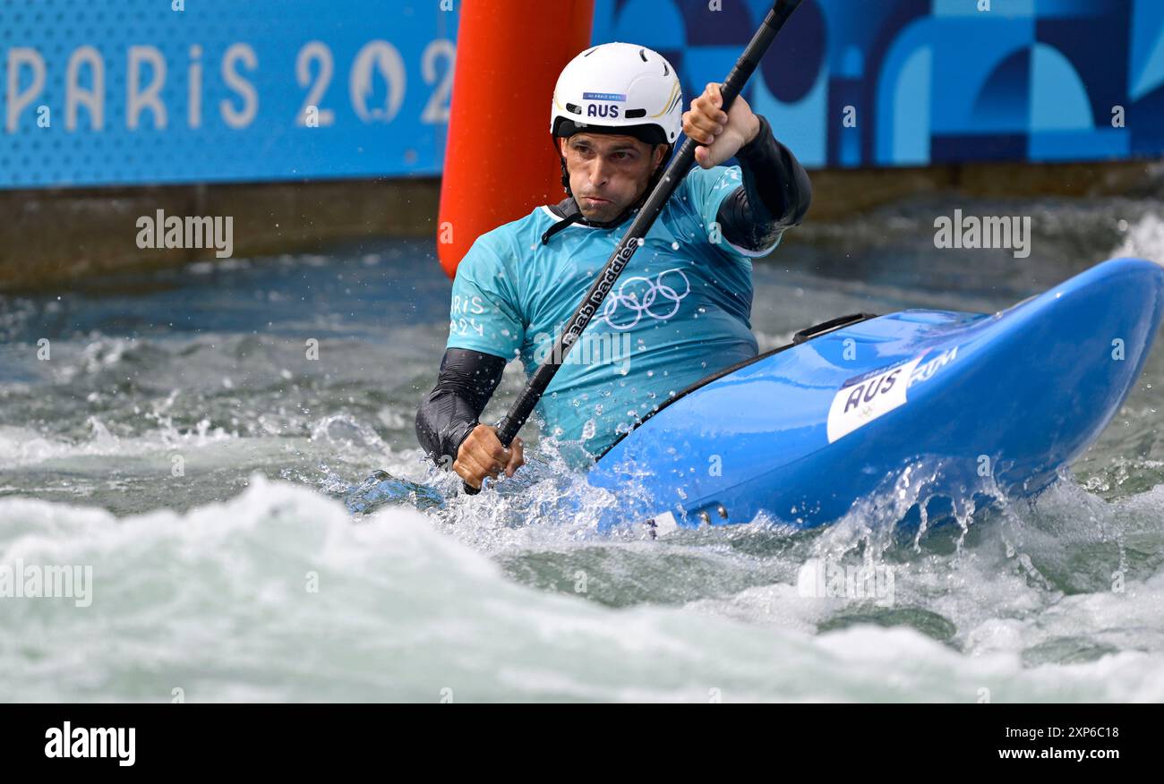 Paris, France. 03 août 2024. Jeux Olympiques de Paris 2024. Kayak Cross. Stade nautique olympique. Paris. Timothy Anderson (AUS) en kayak Cross Round 1 lors des Jeux Olympiques de Paris 2024 au stade olympique nautique, France. Crédit : Sport in Pictures/Alamy Live News Banque D'Images