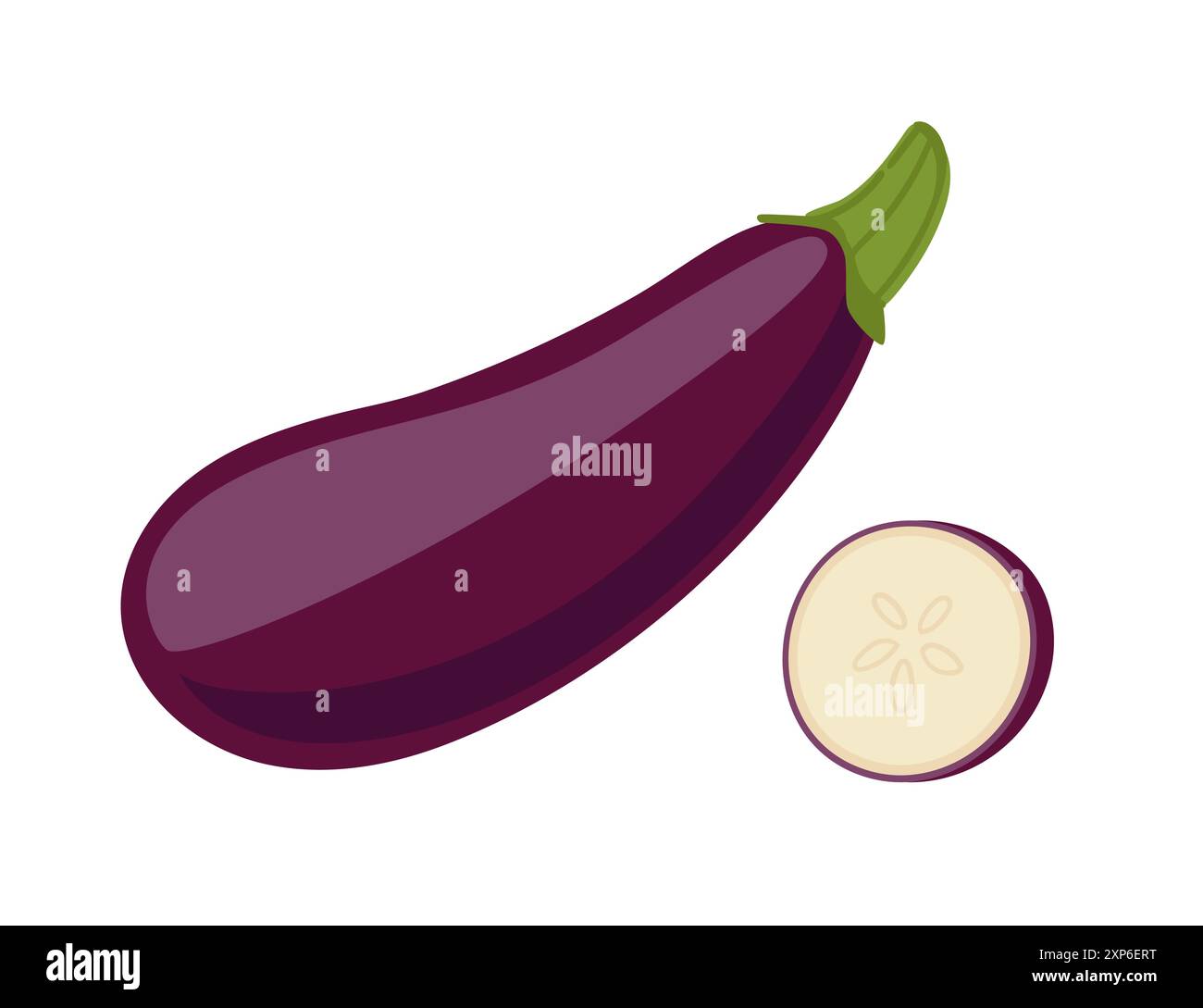 Aubergine entière avec dessus vert et tranche d'aubergine avec graines. Aliments biologiques sains. Légume cru violet. Illustration vectorielle isolée sur dos blanc Illustration de Vecteur