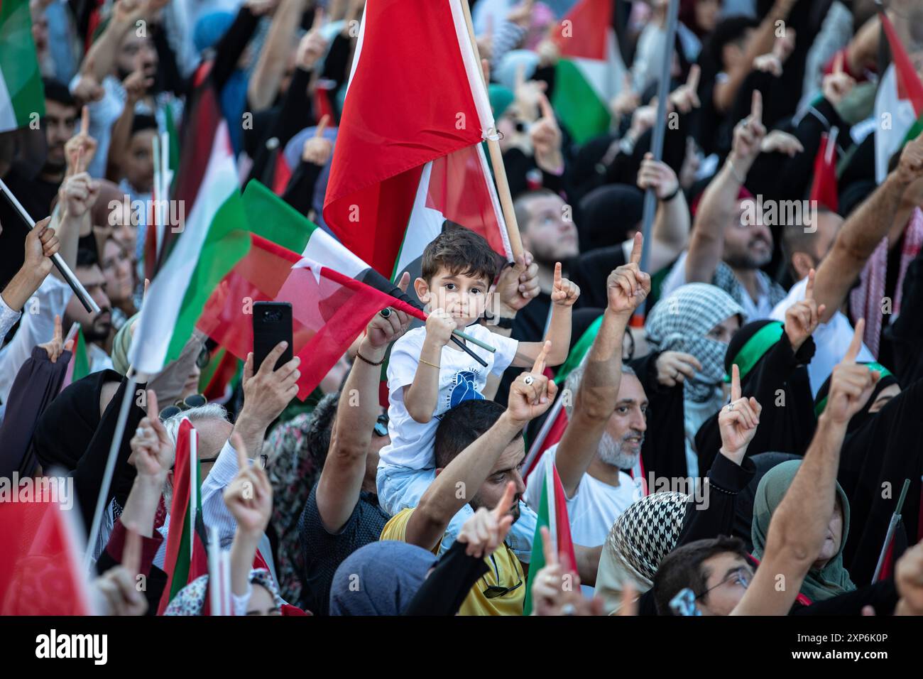 Istanbul, Turquie. 03 août 2024. Un enfant agite le drapeau turc et le drapeau palestinien pendant la manifestation. Des manifestants pro-palestiniens se sont rassemblés sur la place Sainte-Sophie à Istanbul pour condamner l'assassinat du dirigeant du Hamas Ismail Haniyeh. Des milliers de personnes ont assisté à l'événement 'dernier appel du martyr Haniyeh', organisé par la plate-forme de soutien à la Palestine. Crédit : SOPA images Limited/Alamy Live News Banque D'Images