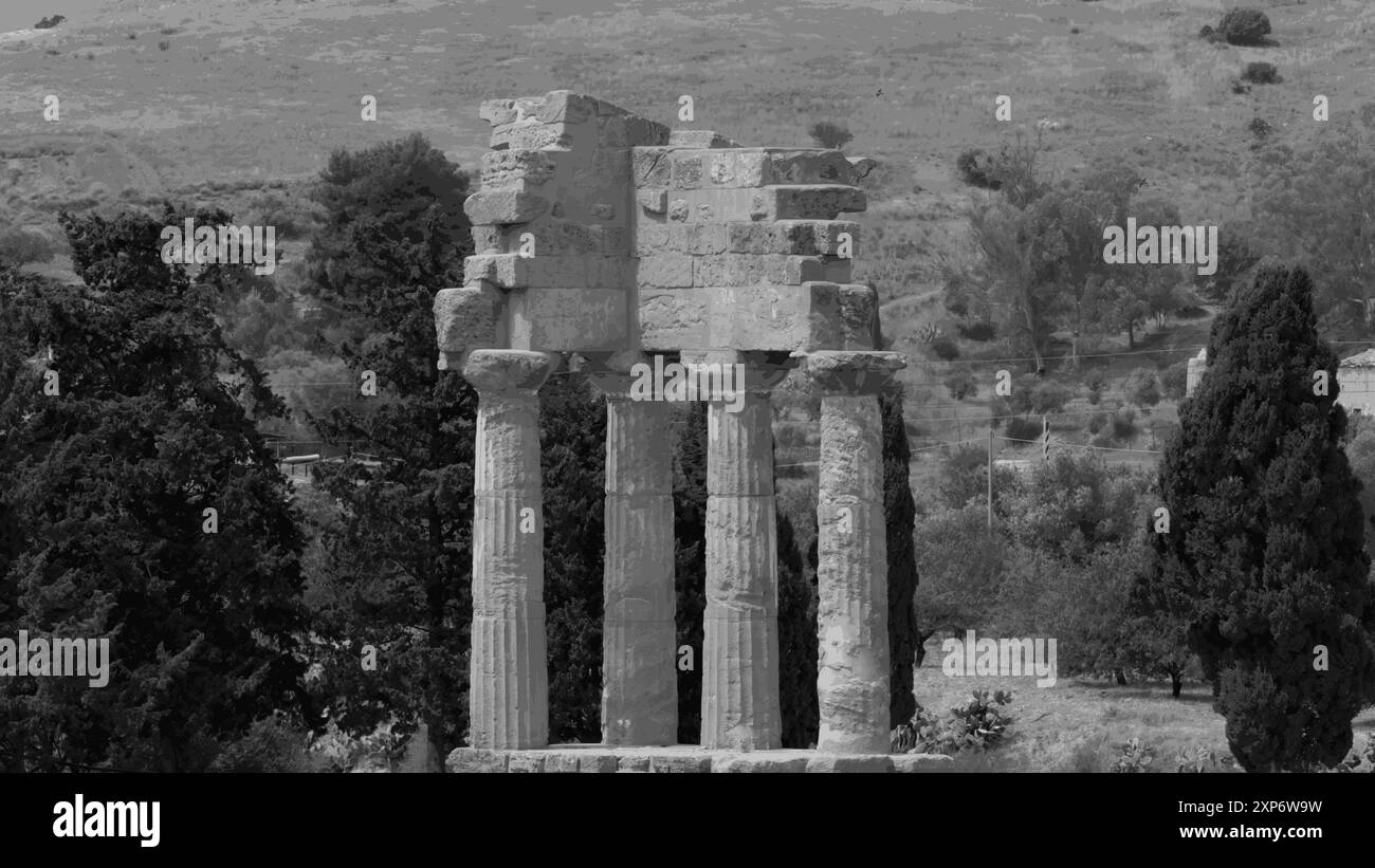 Ruines du temple grec ancien avec colonnes classiques dans un cadre de campagne pittoresque Illustration de Vecteur