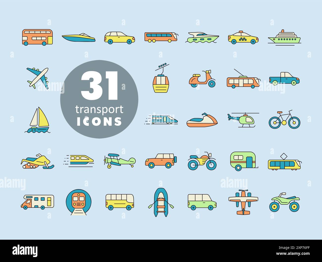 Jeu d'icônes de vecteur de transport plat. Symbole graphique pour la conception, le logo, l'application, l'interface utilisateur du site Web et des applications de voyage et de tourisme Illustration de Vecteur