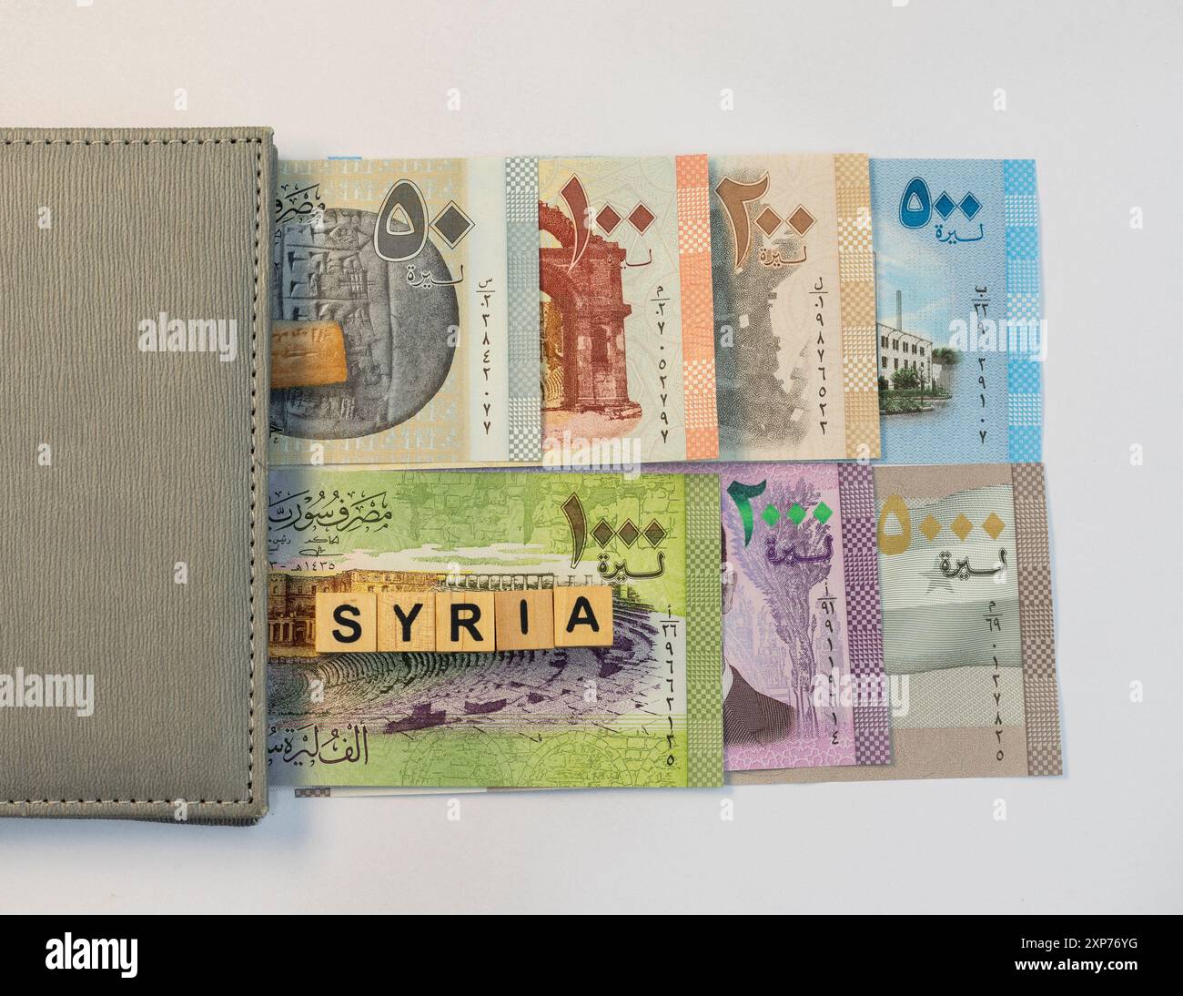 Livres syriennes ensemble complet avec un mot SYRIE sur des blocs de cubes en bois isolés sur fond blanc Banque D'Images