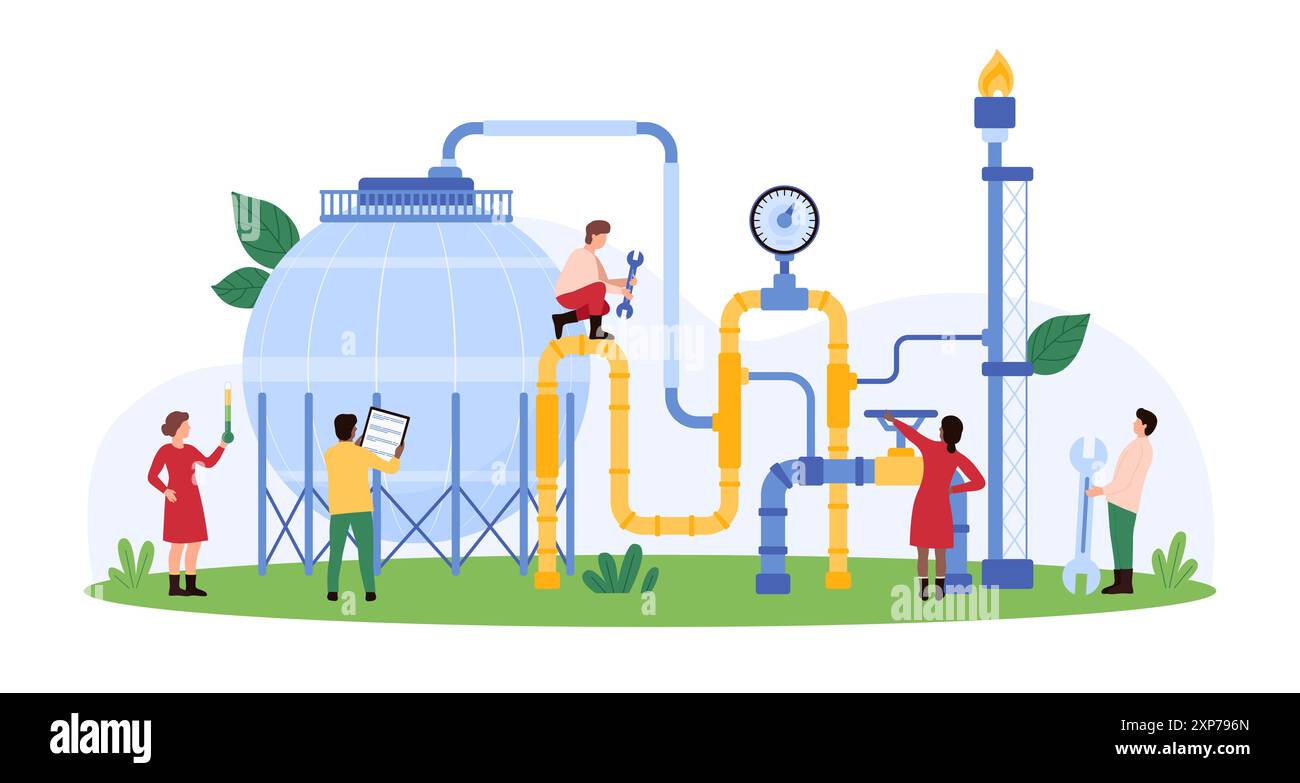 Système de tuyau d'industrie du gaz et inspection de réservoir, contrôle de pression. De minuscules personnes travaillent sur la raffinerie et l'usine chimique, vérifiez les conteneurs industriels de GPL et de GNL pour l'illustration vectorielle de bande dessinée de sécurité Illustration de Vecteur
