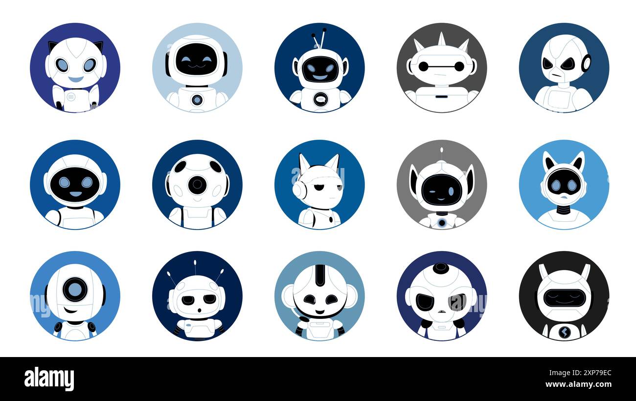 Ensemble d'avatars robots mignons. Têtes de bot de chat avec différentes expressions sur le visage, android heureux et triste, caractère ai clignant avec des oreilles et une antenne, illustration vectorielle de dessin animé de collection d'assistants intelligents Illustration de Vecteur