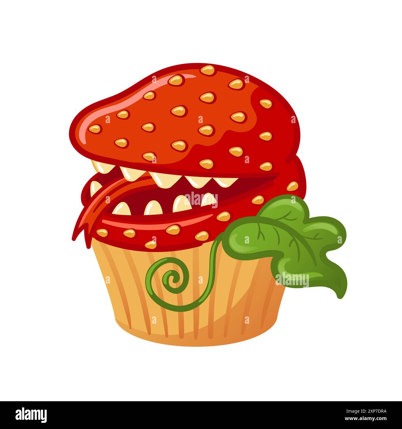 Une friandise d'Halloween effrayante. Délicieux cupcake avec un monstre de fraise denté. Plante carnivore. Pour autocollant, affiche, carte, élément de design. Illustration de Vecteur