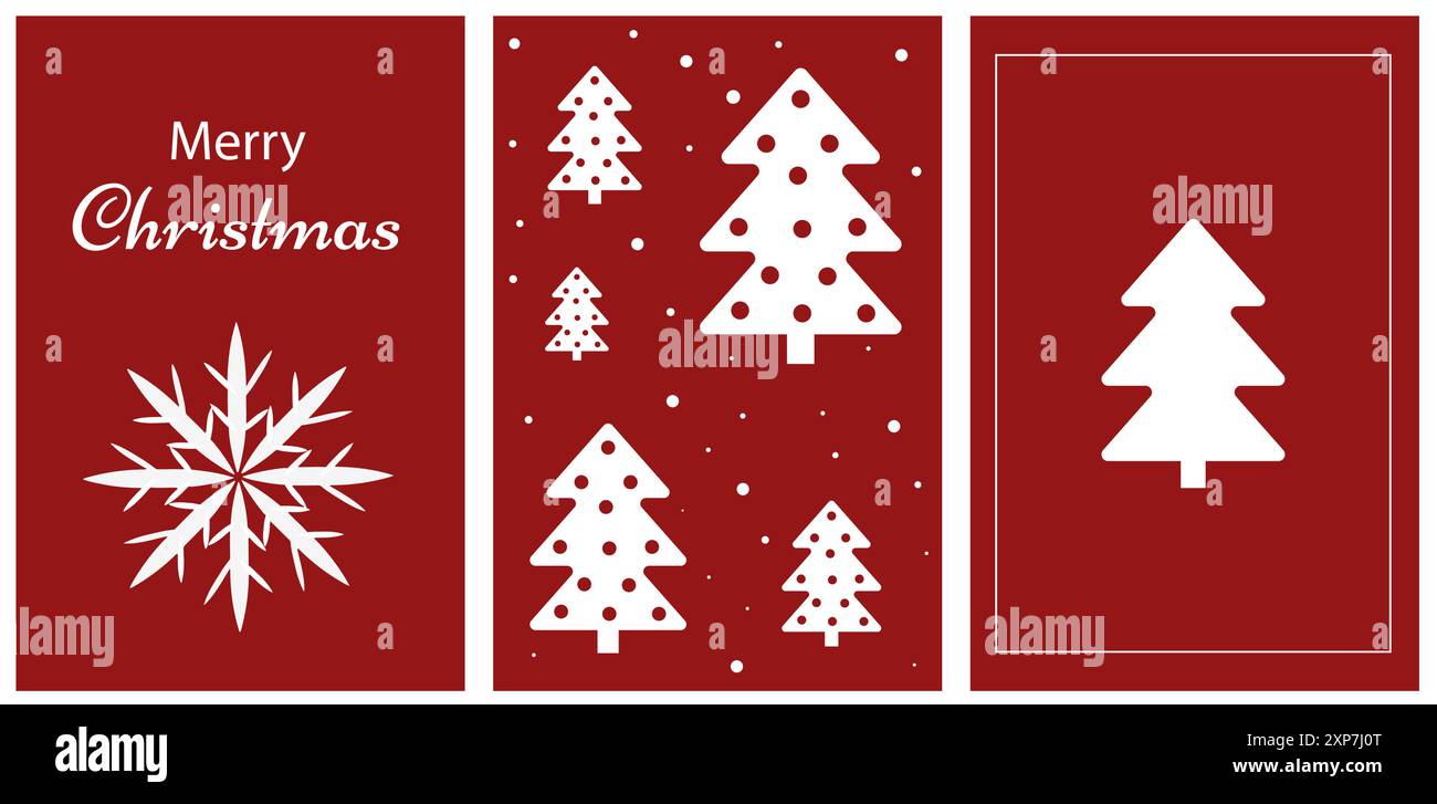 Modèles d'histoires, affiches, cartes postales. Arbres de Noël et flocons de neige sur fond rouge. Illustration de Vecteur