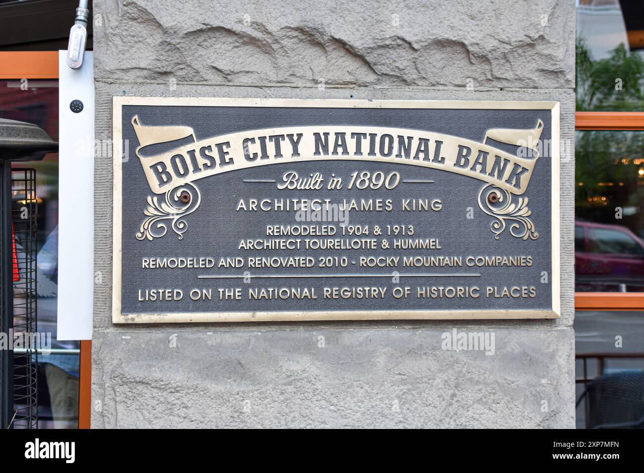 Plaque commémorative de la Boise City National Bank à Boise, Idaho. Le bâtiment comment abrite un restaurant haut de gamme. Banque D'Images