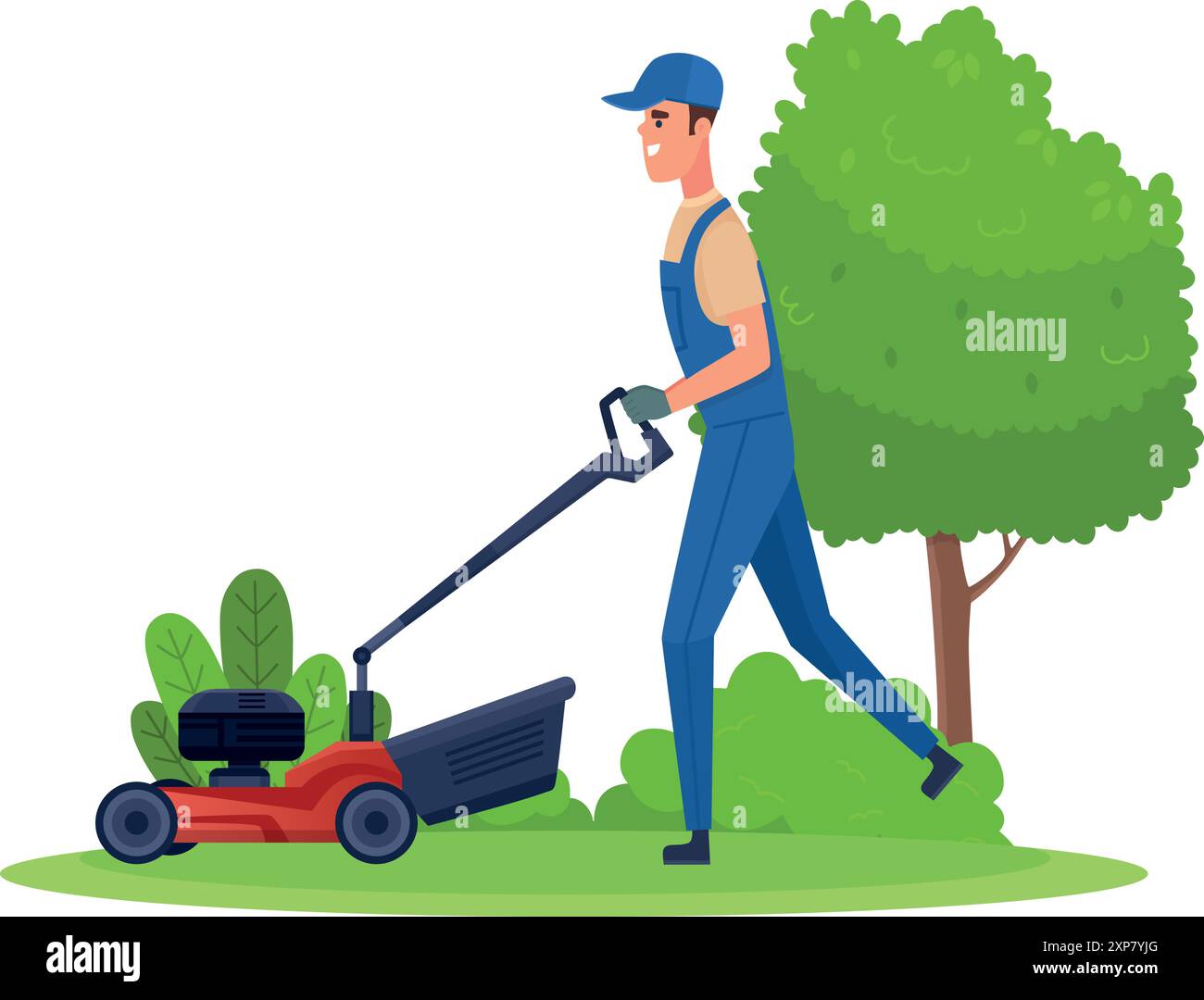 Entretien de pelouse. Jeune travailleur coupe l'herbe verte isolé sur fond blanc Illustration de Vecteur