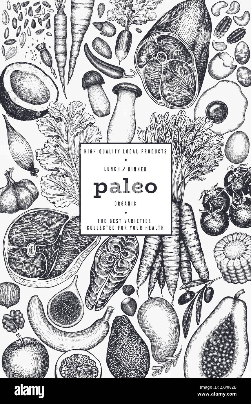 Modèle de conception de régime Paleo. Bannière de nourriture saine dessinée à la main Vector. Illustration de menu de style vintage. Illustration de Vecteur