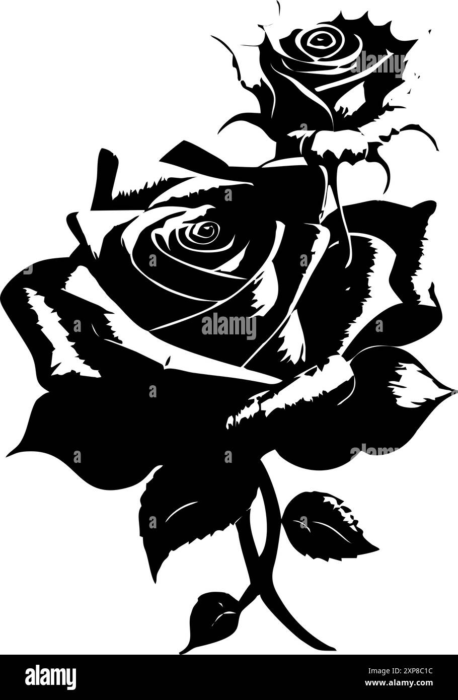 dessin graphique noir d'une fleur de rose avec des feuilles, monochrome, élément décoratif Banque D'Images