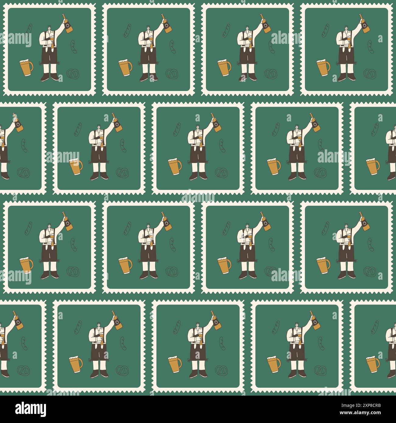 Motif sans couture à carreaux Oktoberfest. Personnage masculin dans les vêtements de festival traditionnels bento boîte répéter fond. Vectoriel dessiné à la main doodle illustratio Illustration de Vecteur