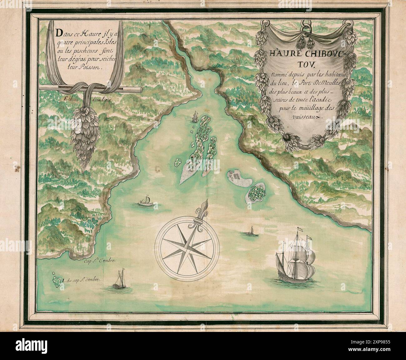 Carte illustrée vintage. Port de Chibouctou, aujourd'hui Halifax, Canada, par Jean-Baptiste Franquelin, 1686 Banque D'Images