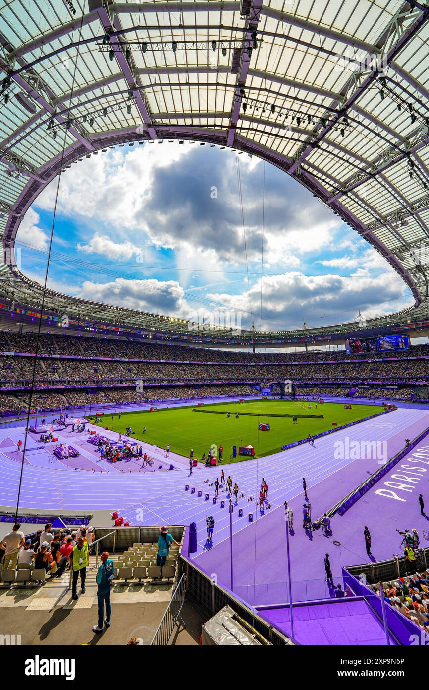 Saint Denis, France - 3 août 2024 - vue d'ensemble du stade de France lors de l'épreuve sportive d'athlétisme (athlétisme) lors du Paris 2024 su Banque D'Images