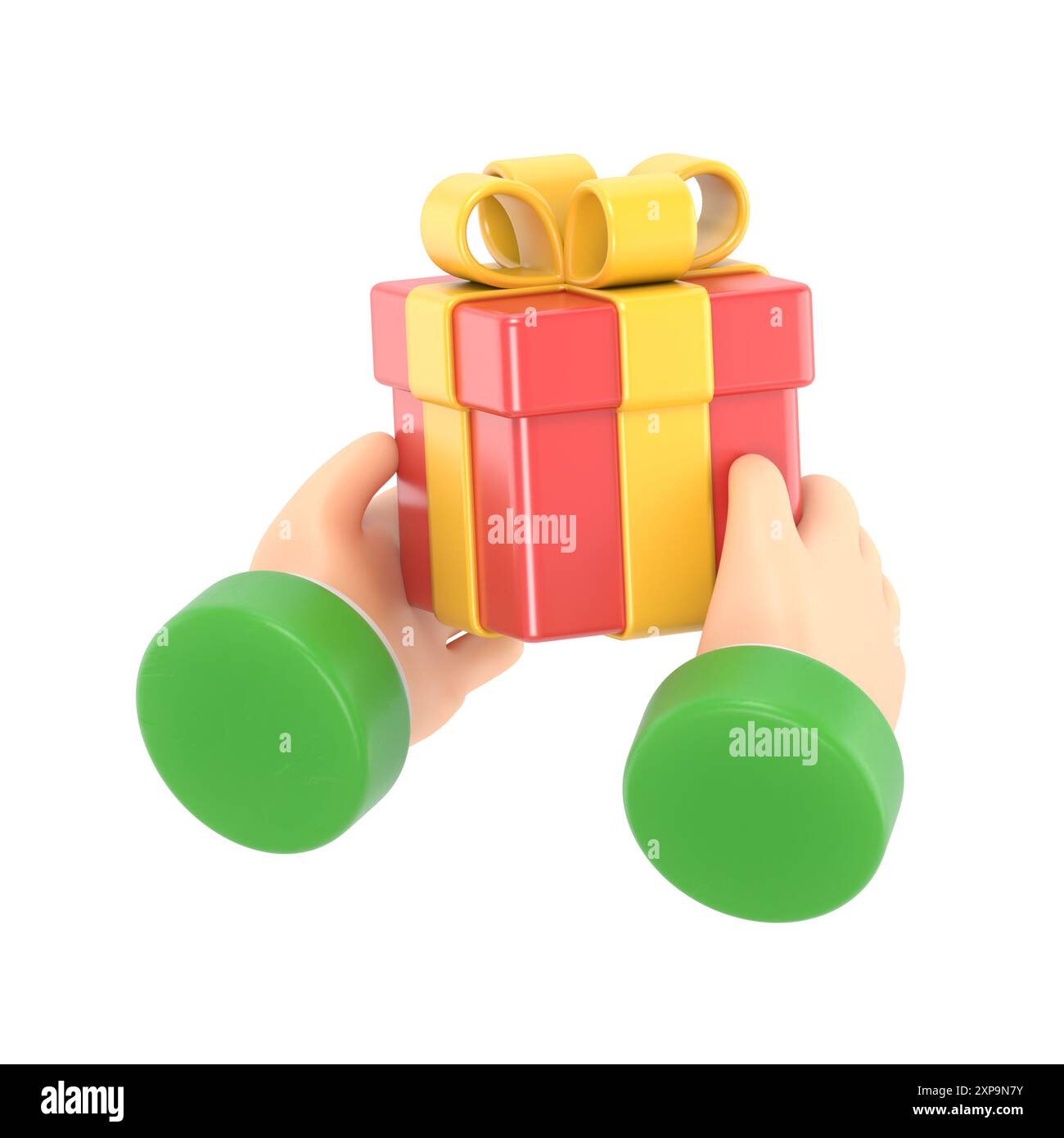 Maquette d'icône de geste de dessin animé. rendu 3d. Clip art festif isolé sur fond blanc. les mains tiennent la boîte-cadeau avec un arc doré. Icône sociale de Noël Banque D'Images