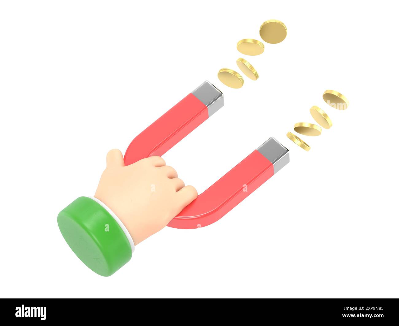 Homme d'affaires tenant aimant avec des pièces de monnaie. Concept de pièces d'attraction. Métaphore financière, révélant le concept de gagner de l'argent. Rendu 3D sur blanc ba Banque D'Images