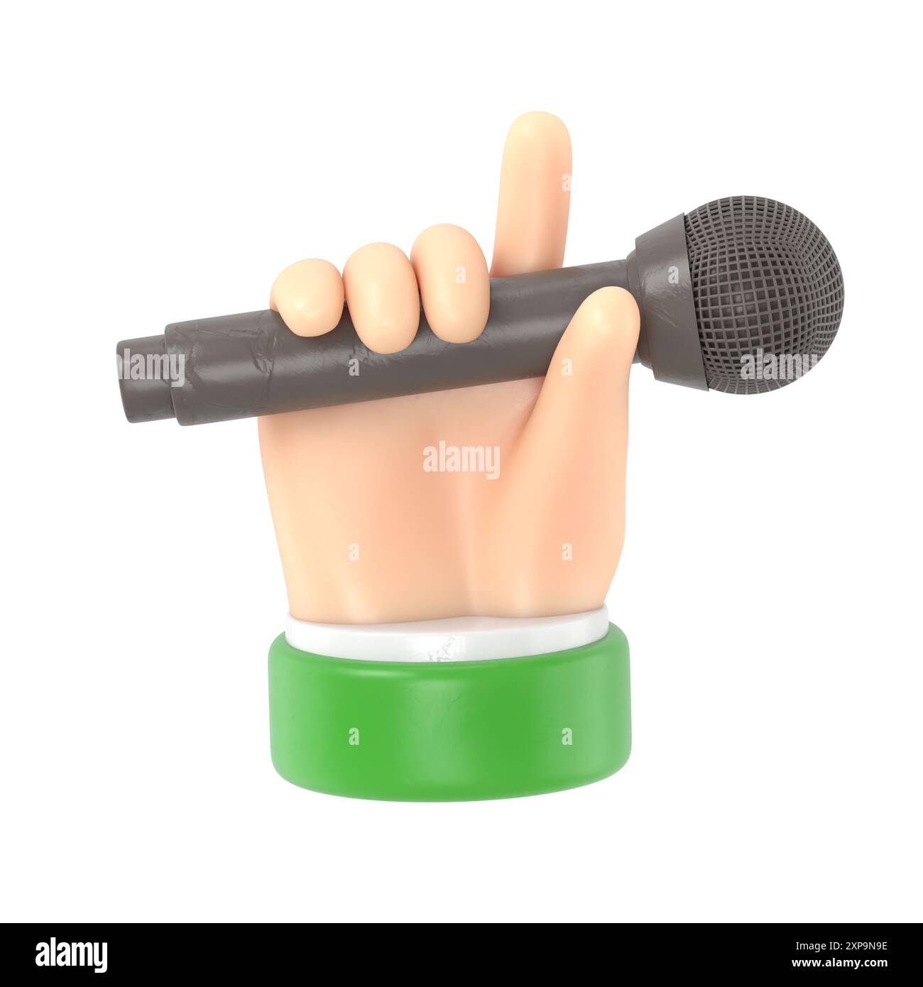 Icône de geste de dessin animé Mockup.Cartoon main tenant le microphone et montrant des cornes ou un geste de rock. Rendu 3D sur fond blanc. Banque D'Images